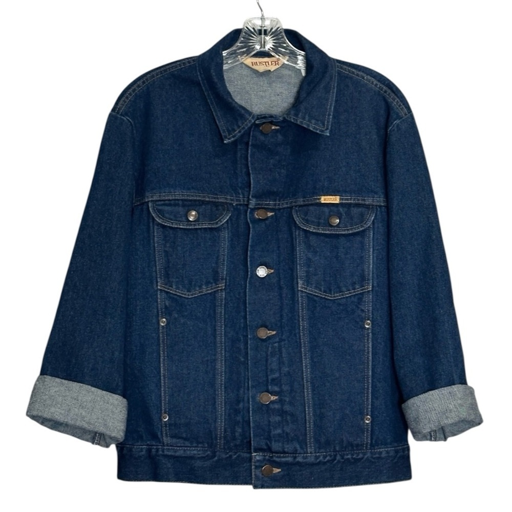 Rustler Mens Denim Trucker Jacket Blue Size L Made in Mexico 100% Cotton Vintage